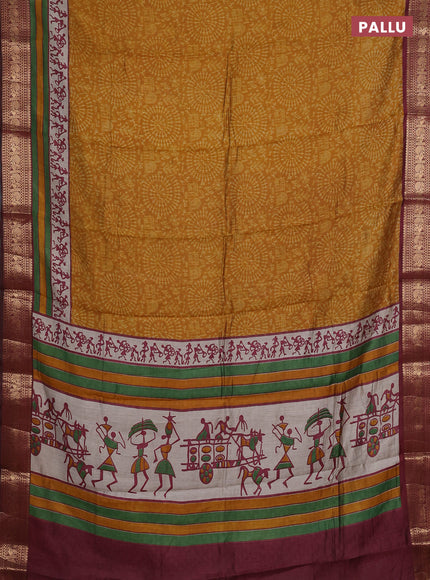 Semi maheshwari cotton saree mustard yellow and maroon with allover warli prints and zari woven border