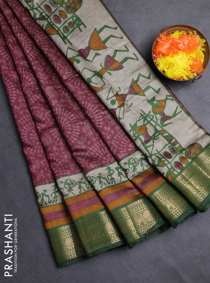 Semi maheshwari cotton saree wine shade and green with allover warli prints and zari woven border