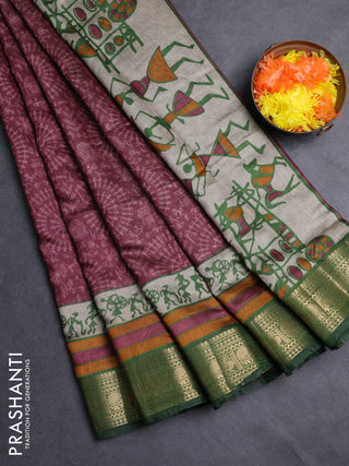Semi maheshwari cotton saree wine shade and green with allover warli prints and zari woven border