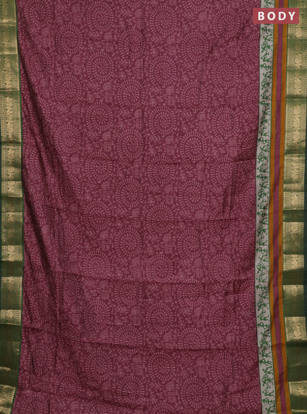 Semi maheshwari cotton saree wine shade and green with allover warli prints and zari woven border