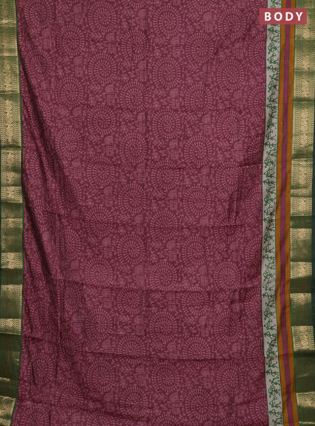 Semi maheshwari cotton saree wine shade and green with allover warli prints and zari woven border