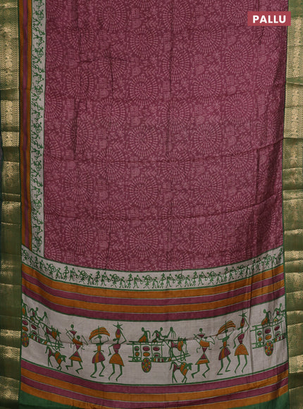 Semi maheshwari cotton saree wine shade and green with allover warli prints and zari woven border