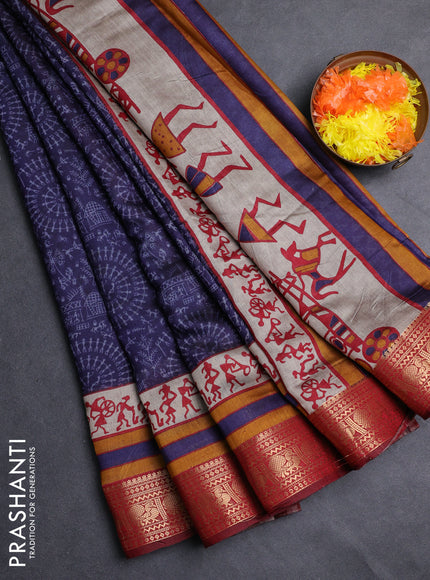 Semi maheshwari cotton saree navy blue and maroon with allover warli prints and zari woven border