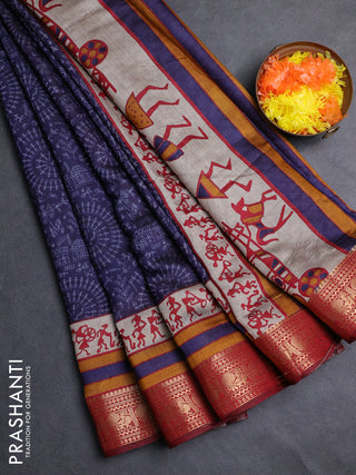 Semi maheshwari cotton saree navy blue and maroon with allover warli prints and zari woven border