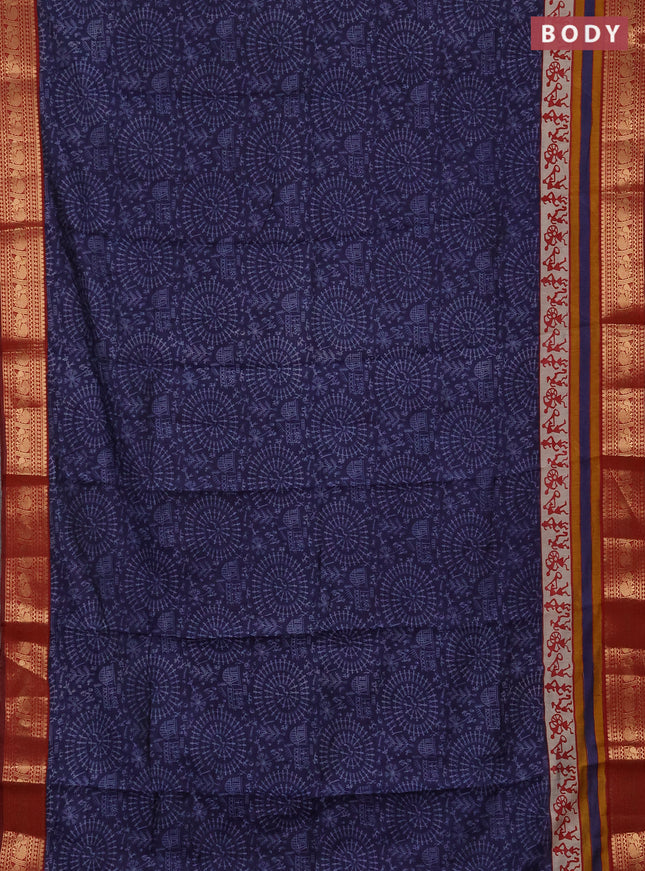 Semi maheshwari cotton saree navy blue and maroon with allover warli prints and zari woven border