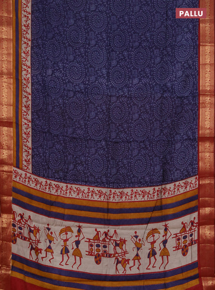 Semi maheshwari cotton saree navy blue and maroon with allover warli prints and zari woven border