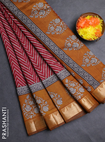 Semi maheshwari cotton saree maroon and mustard yellow with allover zigzag prints and zari woven border