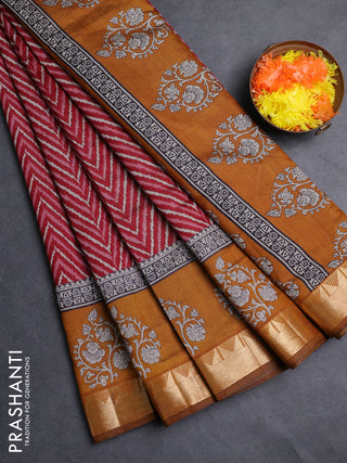 Semi maheshwari cotton saree maroon and mustard yellow with allover zigzag prints and zari woven border