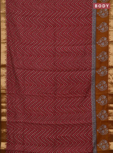 Semi maheshwari cotton saree maroon and mustard yellow with allover zigzag prints and zari woven border
