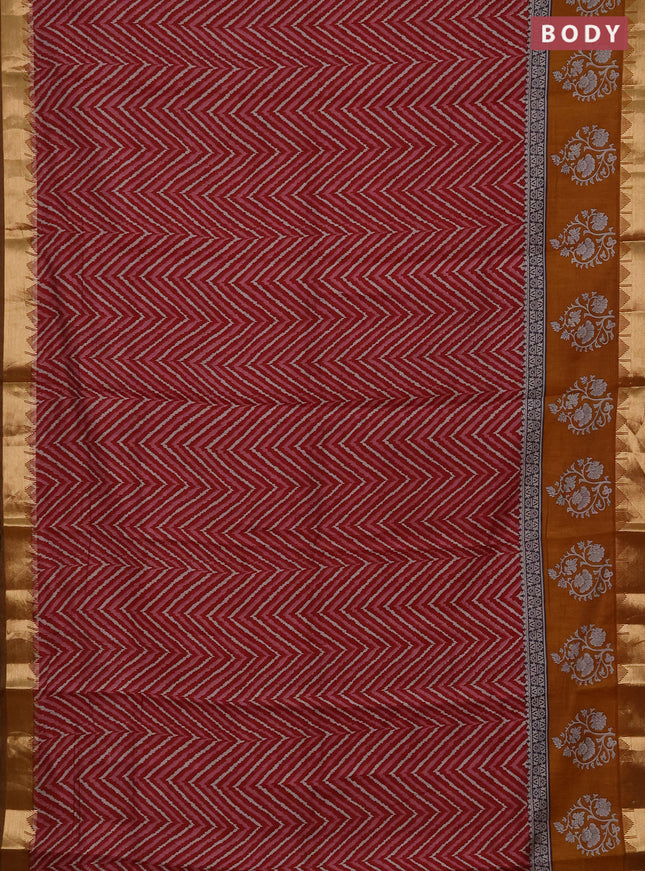 Semi maheshwari cotton saree maroon and mustard yellow with allover zigzag prints and zari woven border
