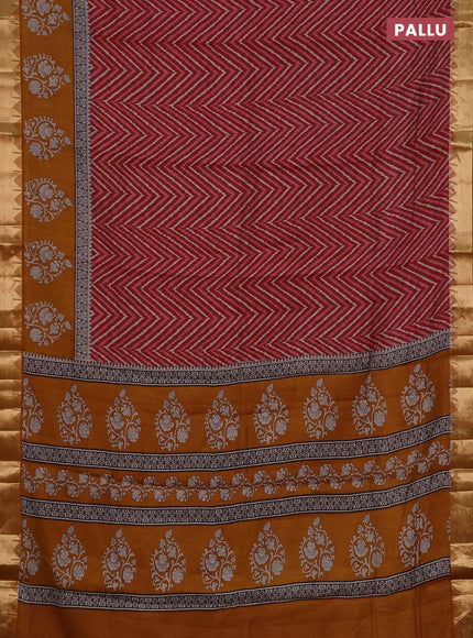 Semi maheshwari cotton saree maroon and mustard yellow with allover zigzag prints and zari woven border