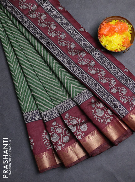 Semi maheshwari cotton saree green and maroon with allover zigzag prints and zari woven border