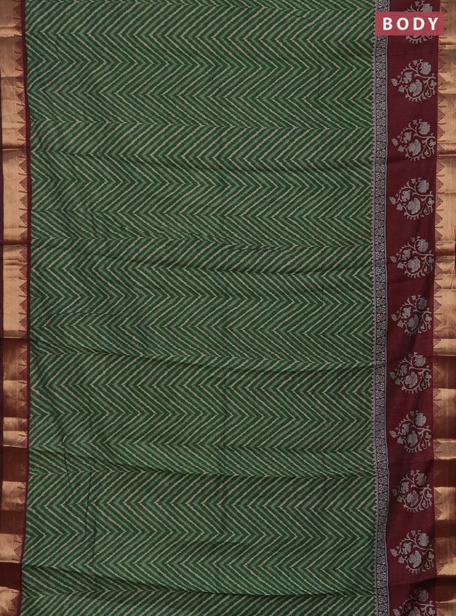 Semi maheshwari cotton saree green and maroon with allover zigzag prints and zari woven border