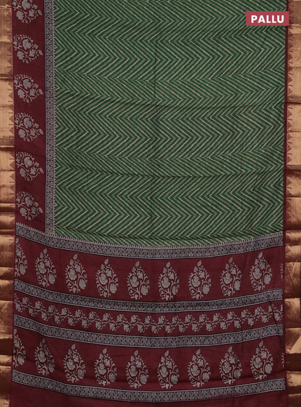 Semi maheshwari cotton saree green and maroon with allover zigzag prints and zari woven border