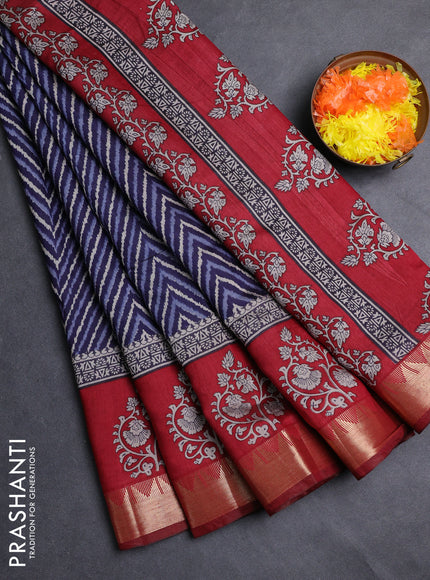 Semi maheshwari cotton saree navy blue and maroon with allover zigzag prints and zari woven border