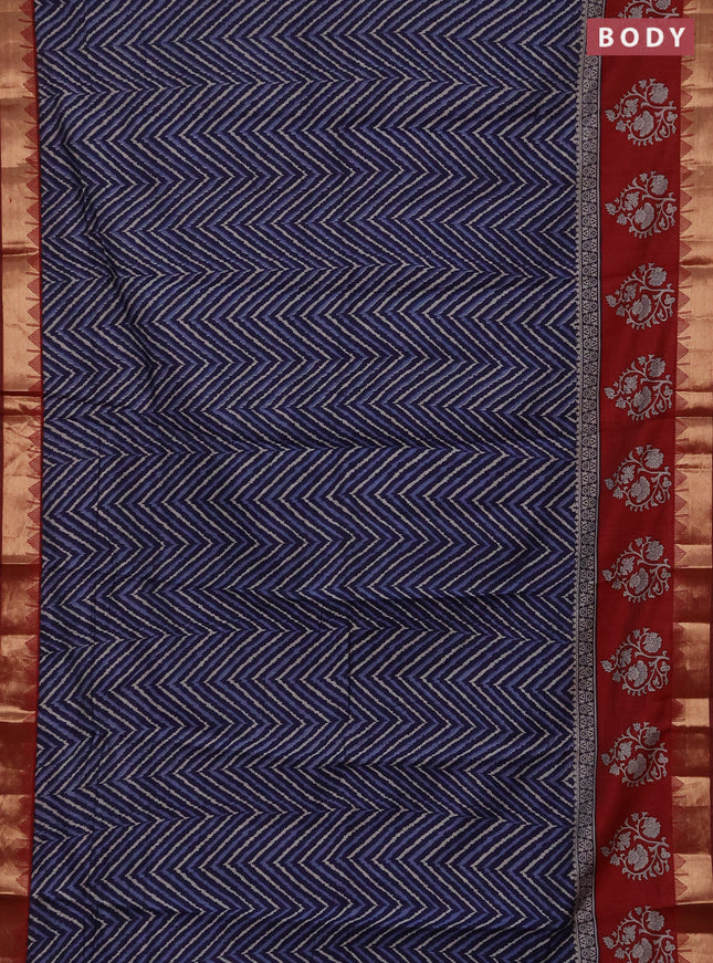 Semi maheshwari cotton saree navy blue and maroon with allover zigzag prints and zari woven border