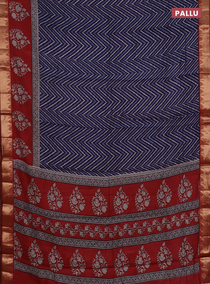 Semi maheshwari cotton saree navy blue and maroon with allover zigzag prints and zari woven border