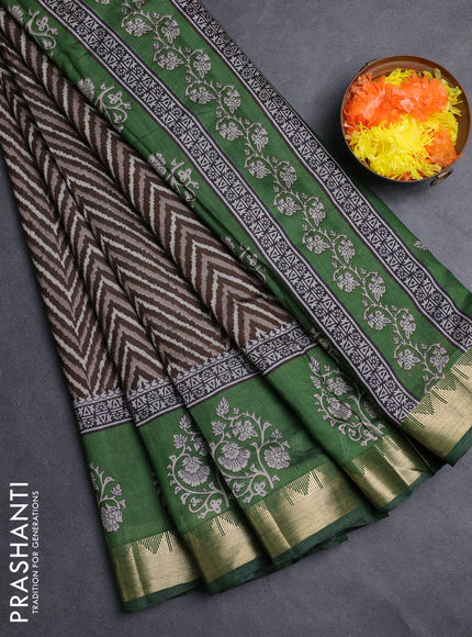 Semi maheshwari cotton saree coffee brown and green with allover zigzag prints and zari woven border