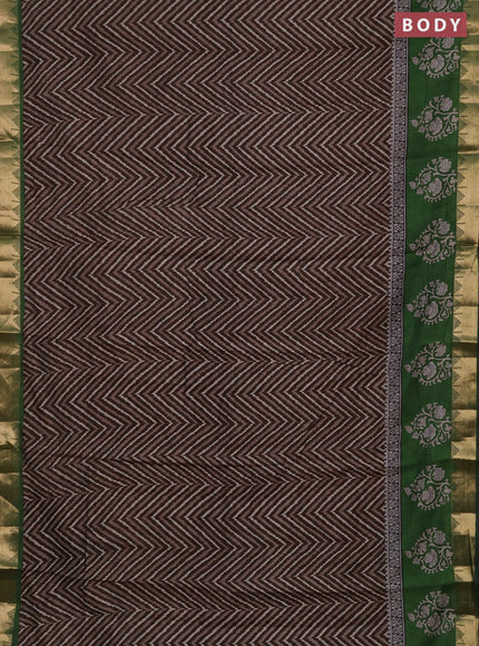 Semi maheshwari cotton saree coffee brown and green with allover zigzag prints and zari woven border