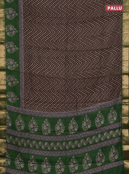 Semi maheshwari cotton saree coffee brown and green with allover zigzag prints and zari woven border