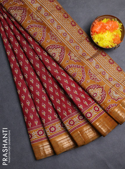 Semi maheshwari cotton saree maroon and mustard yellow with allover butta prints and zari woven border