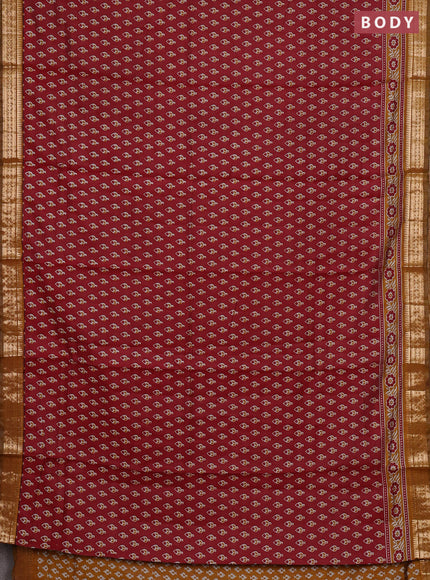 Semi maheshwari cotton saree maroon and mustard yellow with allover butta prints and zari woven border