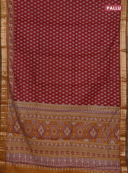 Semi maheshwari cotton saree maroon and mustard yellow with allover butta prints and zari woven border