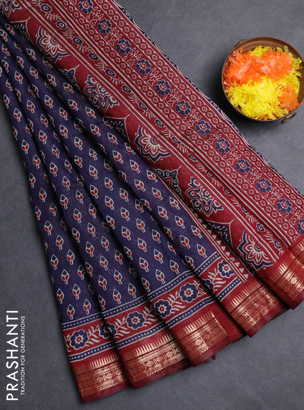 Semi maheshwari cotton saree navy blue and maroon with allover butta prints and zari woven border