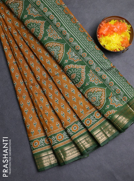 Semi maheshwari cotton saree mustard yellow and green with allover butta prints and zari woven border