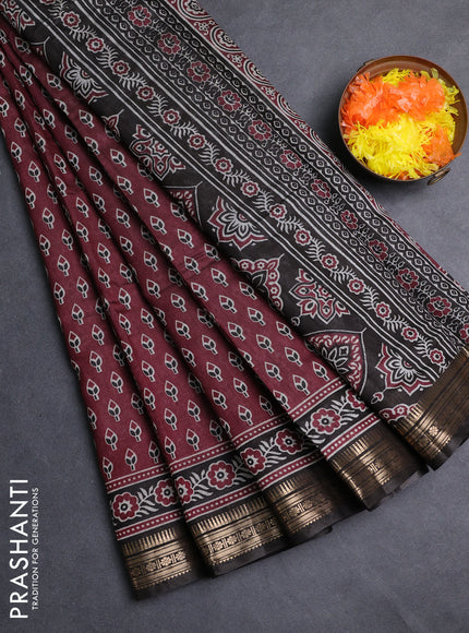 Semi maheshwari cotton saree wine shade and black with allover butta prints and zari woven border