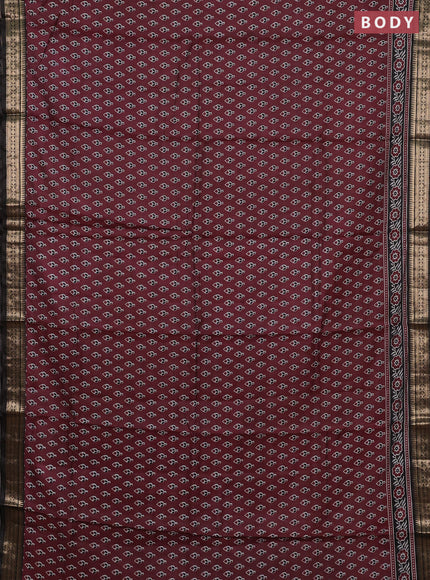 Semi maheshwari cotton saree wine shade and black with allover butta prints and zari woven border
