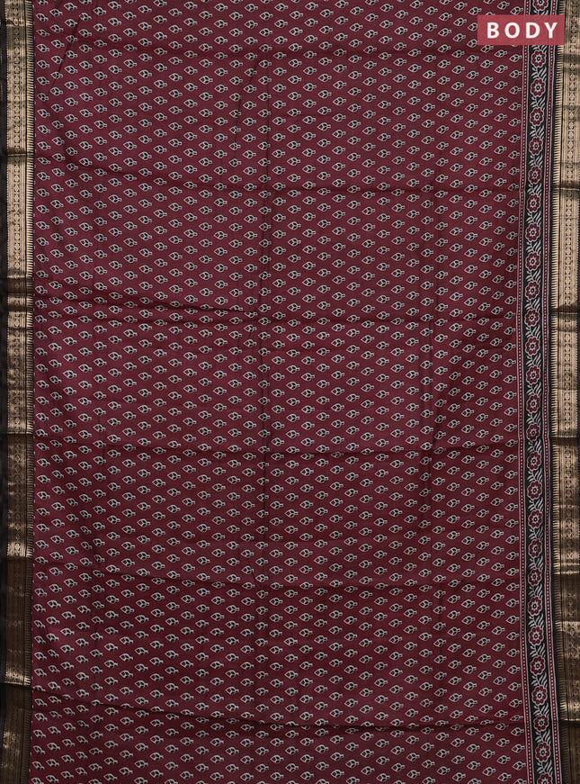 Semi maheshwari cotton saree wine shade and black with allover butta prints and zari woven border