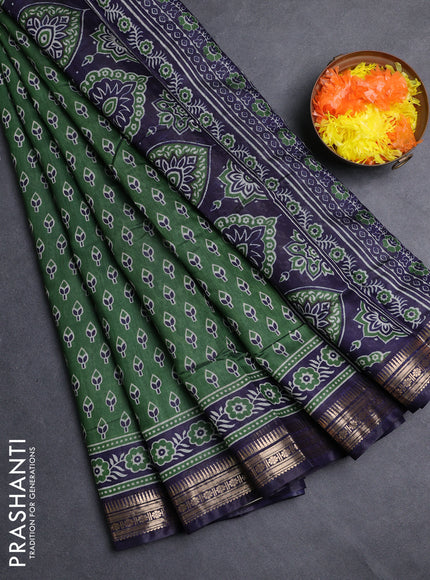 Semi maheshwari cotton saree green and navy blue with allover butta prints and zari woven border