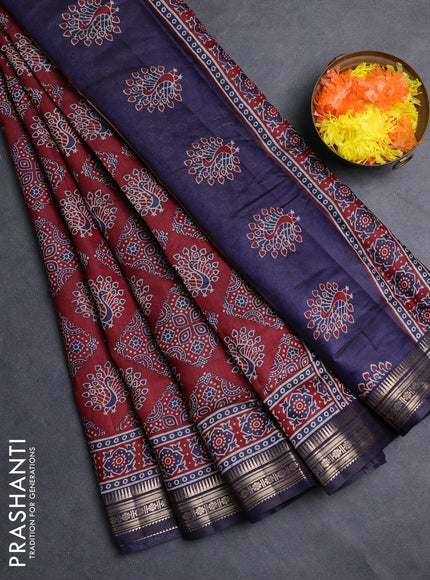 Semi maheshwari cotton saree maroon and navy blue with allover butta prints and zari woven border