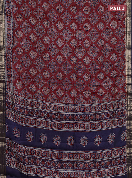 Semi maheshwari cotton saree maroon and navy blue with allover butta prints and zari woven border