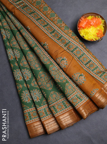 Semi maheshwari cotton saree green and mustard yellow with allover ajrakh prints and zari woven border