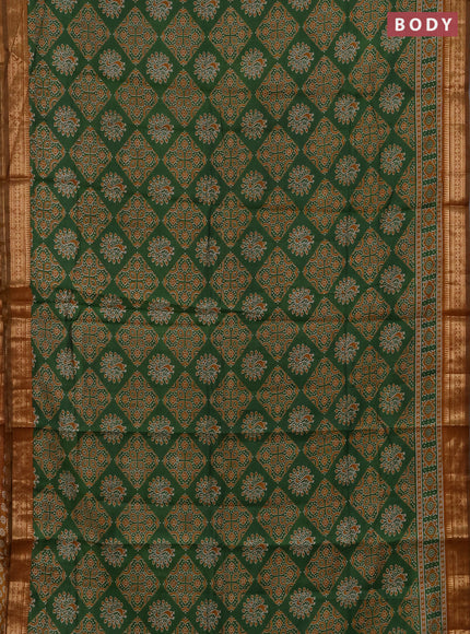 Semi maheshwari cotton saree green and mustard yellow with allover ajrakh prints and zari woven border