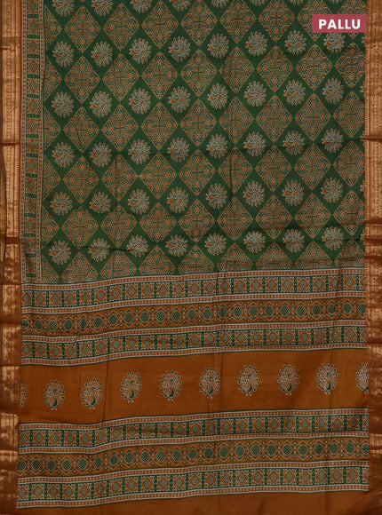 Semi maheshwari cotton saree green and mustard yellow with allover ajrakh prints and zari woven border