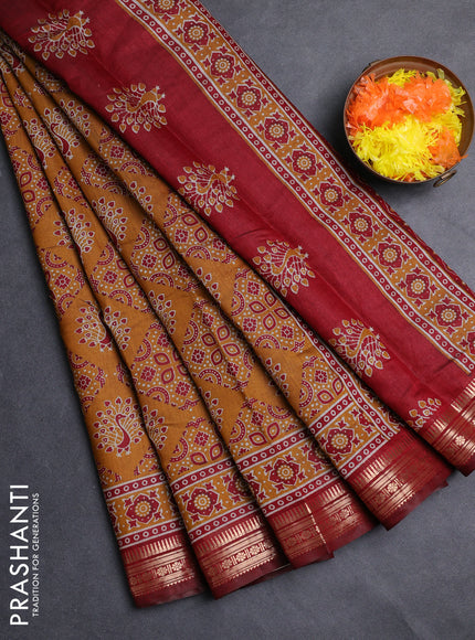 Semi maheshwari cotton saree mustard yellow and maroon with allover ajrakh prints and zari woven border