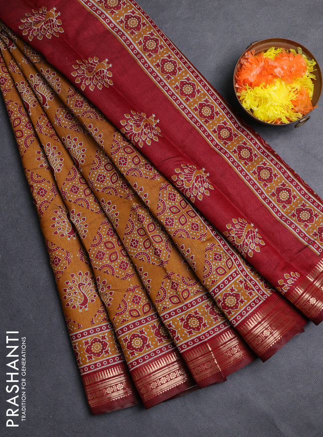 Semi maheshwari cotton saree mustard yellow and maroon with allover ajrakh prints and zari woven border