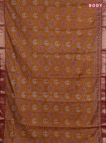 Semi maheshwari cotton saree mustard yellow and maroon with allover ajrakh prints and zari woven border