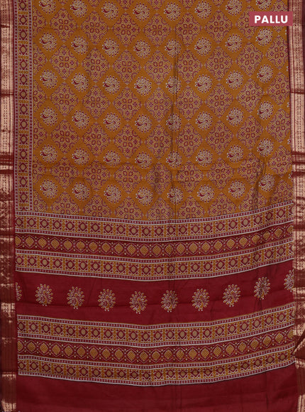 Semi maheshwari cotton saree mustard yellow and maroon with allover ajrakh prints and zari woven border