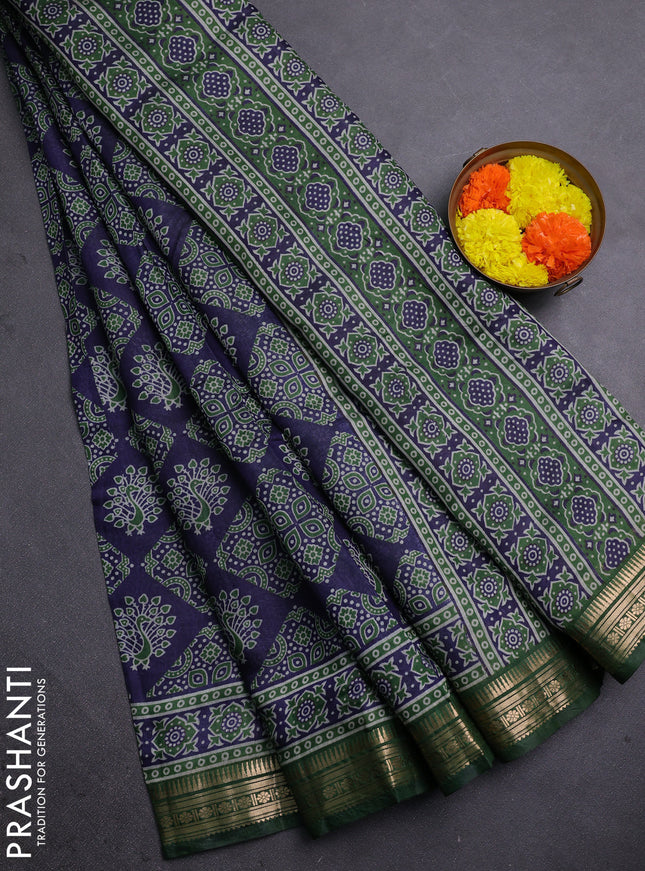 Semi maheshwari cotton saree navy blue and green with allover ajrakh prints and zari woven border