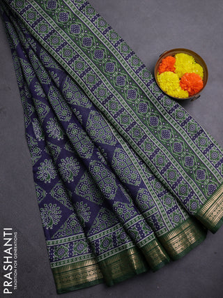 Semi maheshwari cotton saree navy blue and green with allover ajrakh prints and zari woven border