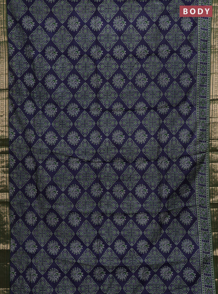 Semi maheshwari cotton saree navy blue and green with allover ajrakh prints and zari woven border