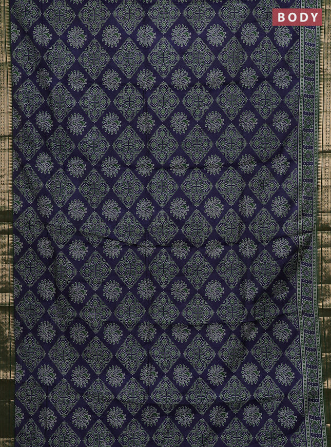 Semi maheshwari cotton saree navy blue and green with allover ajrakh prints and zari woven border