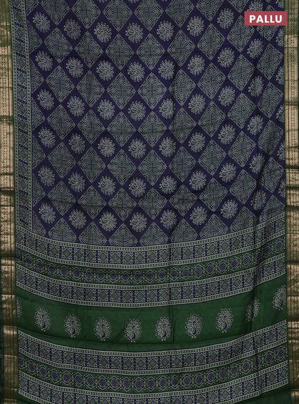 Semi maheshwari cotton saree navy blue and green with allover ajrakh prints and zari woven border