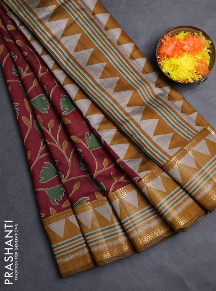 Semi maheshwari cotton saree maroon and mustard yellow with allover ikat prints and zari woven border