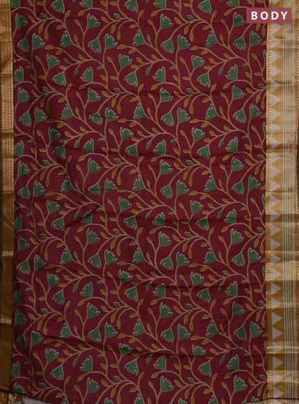 Semi maheshwari cotton saree maroon and mustard yellow with allover ikat prints and zari woven border