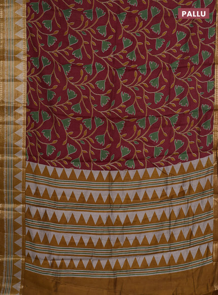Semi maheshwari cotton saree maroon and mustard yellow with allover ikat prints and zari woven border